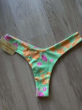 Aurelle Kiva Green Terry Hibiscus Floral High Cut Bikini Bottom